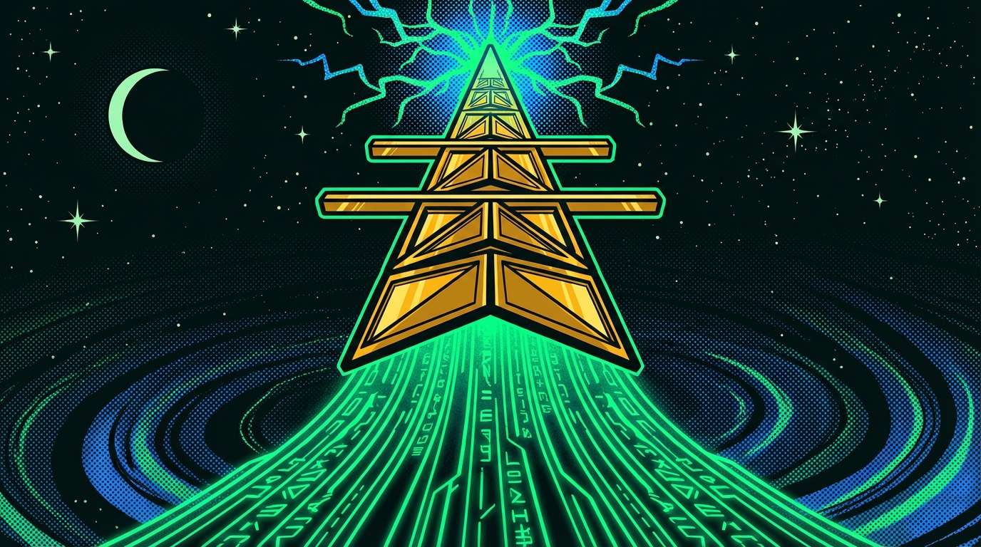 uplnk — retro sci-fi transmission tower in a dark digital void